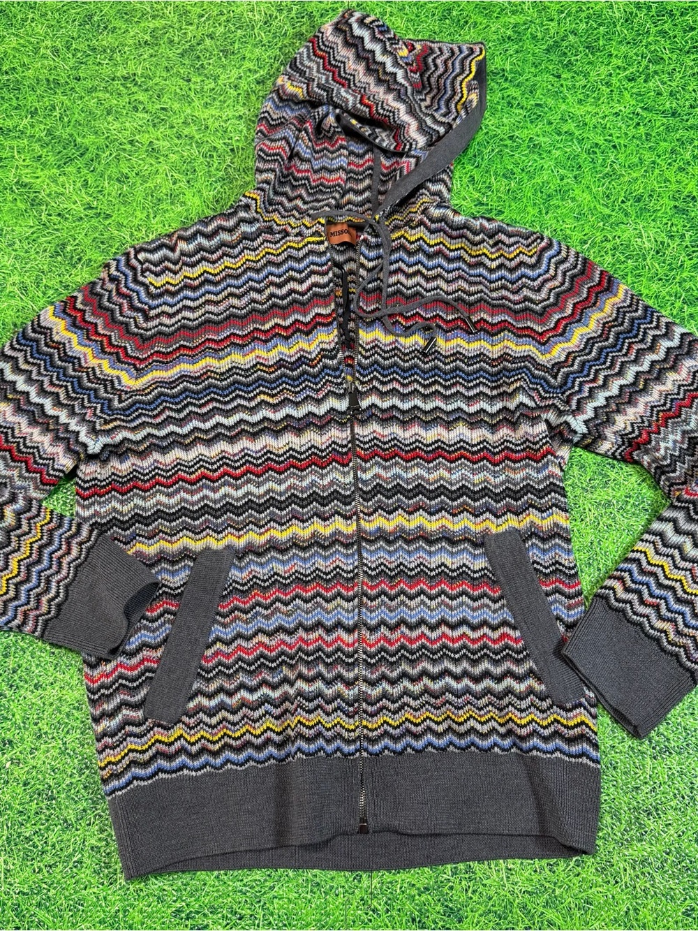 Missoni Mens Size Small Hooded Crochet Knit Wool ZipUp Cardigan 20x27